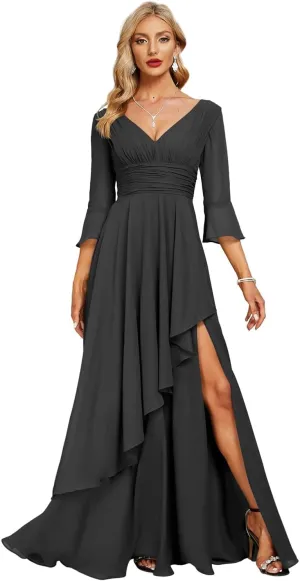 Jingguo'er V Neck Mother of The Bride Dresses for Women Long Sleeves Chiffon Aline Formal Evening Gowns with Slit
