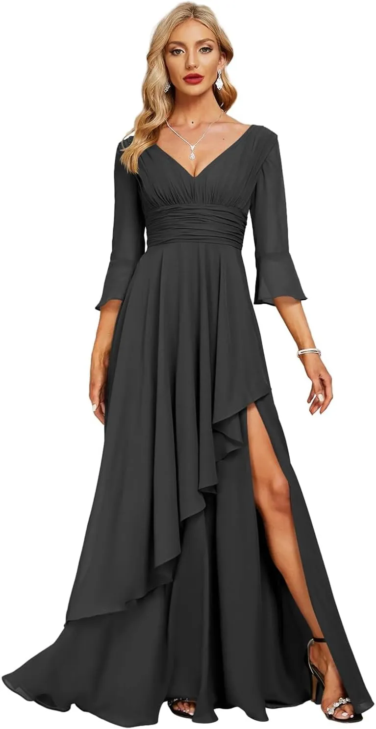 Jingguo'er V Neck Mother of The Bride Dresses for Women Long Sleeves Chiffon Aline Formal Evening Gowns with Slit