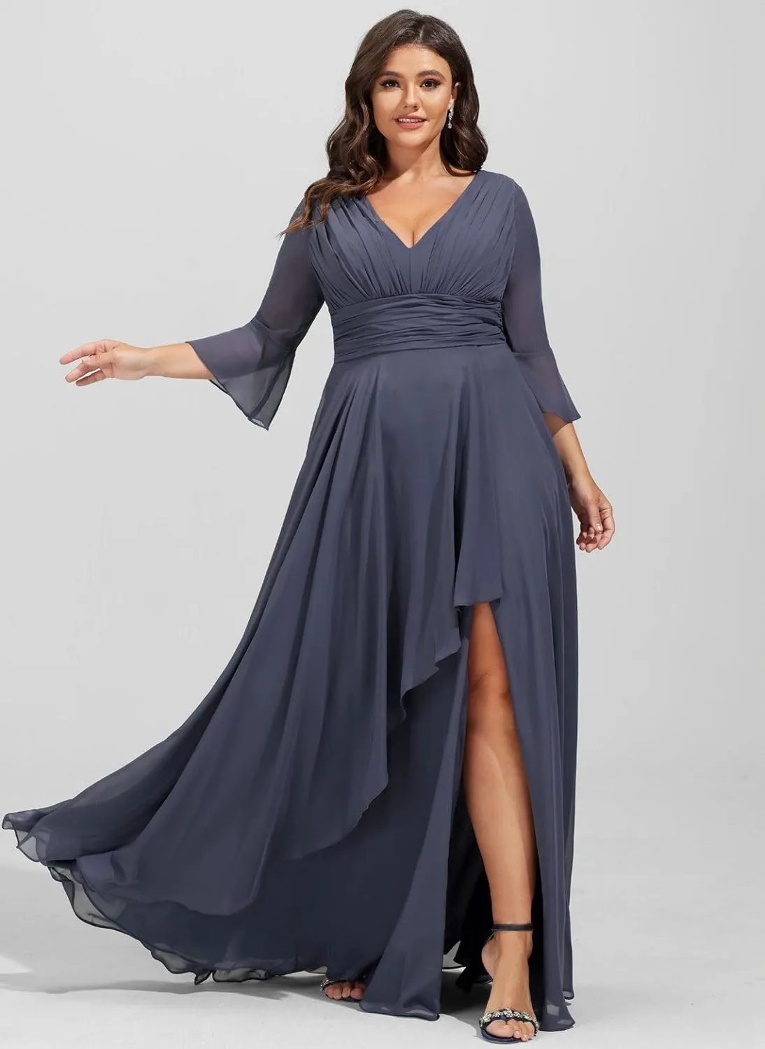 Jingguo'er V Neck Mother of The Bride Dresses for Women Long Sleeves Chiffon Aline Formal Evening Gowns with Slit
