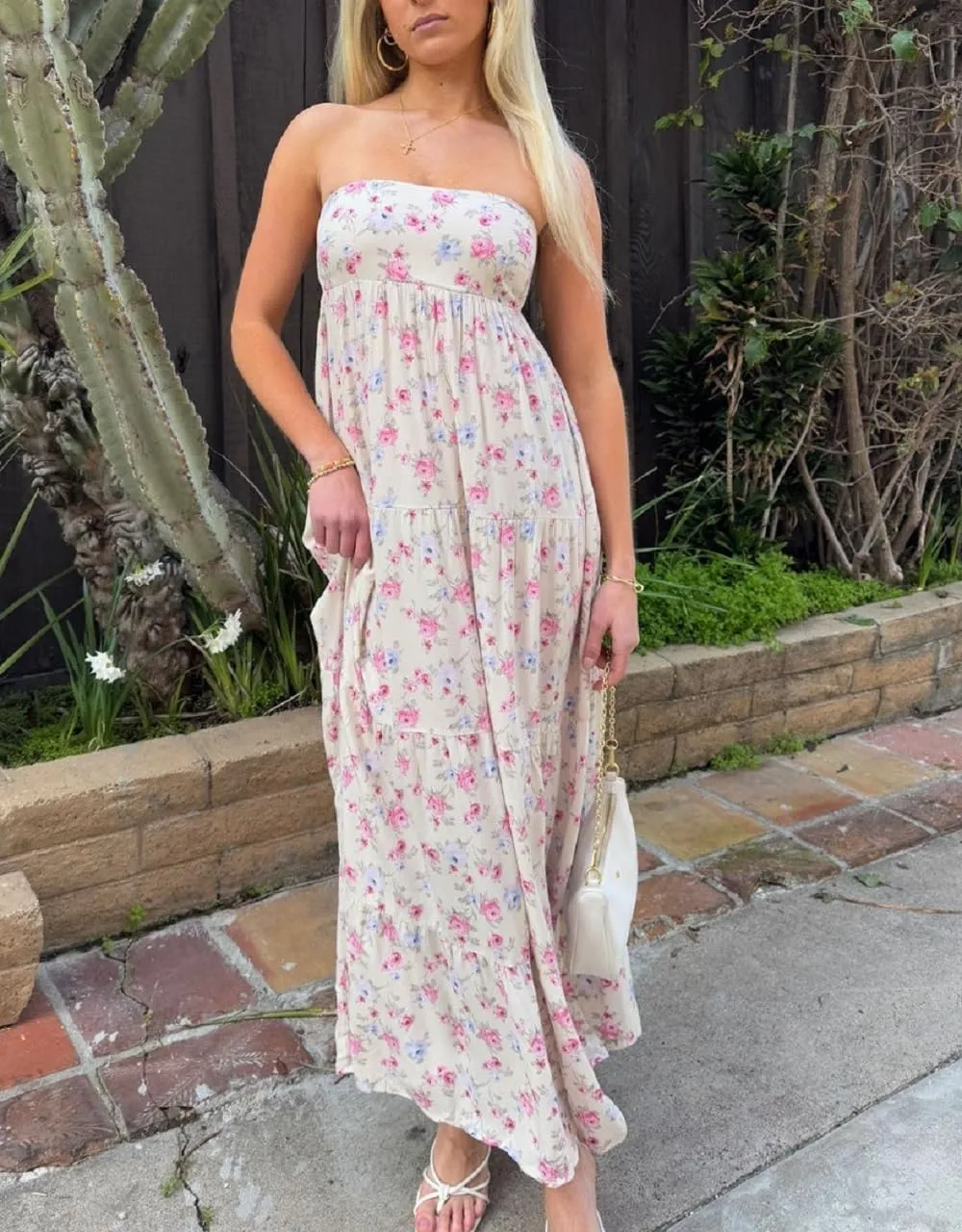 Juakoso Women Y2k Strapless Maxi Dress Floral Print Flowy A Line Long Dress Elegant Summer Vacation Party Dresses Beachwear