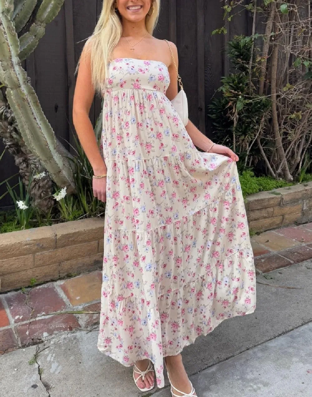 Juakoso Women Y2k Strapless Maxi Dress Floral Print Flowy A Line Long Dress Elegant Summer Vacation Party Dresses Beachwear
