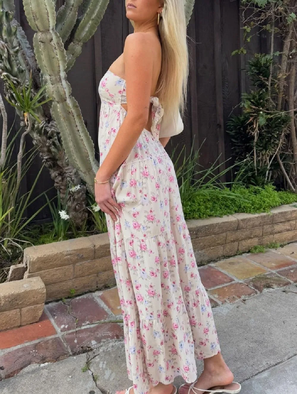Juakoso Women Y2k Strapless Maxi Dress Floral Print Flowy A Line Long Dress Elegant Summer Vacation Party Dresses Beachwear