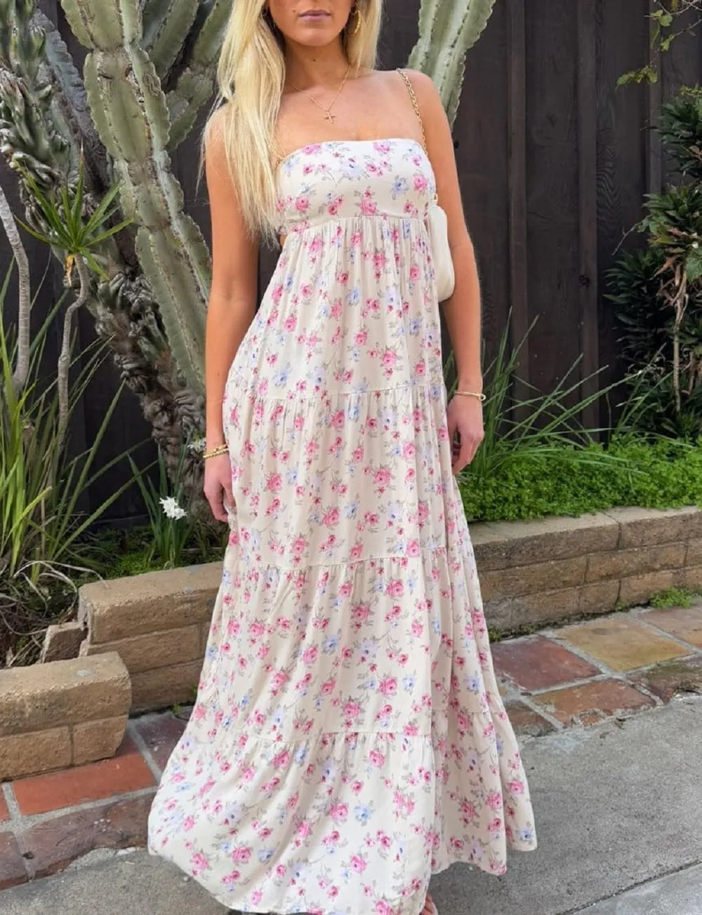 Juakoso Women Y2k Strapless Maxi Dress Floral Print Flowy A Line Long Dress Elegant Summer Vacation Party Dresses Beachwear