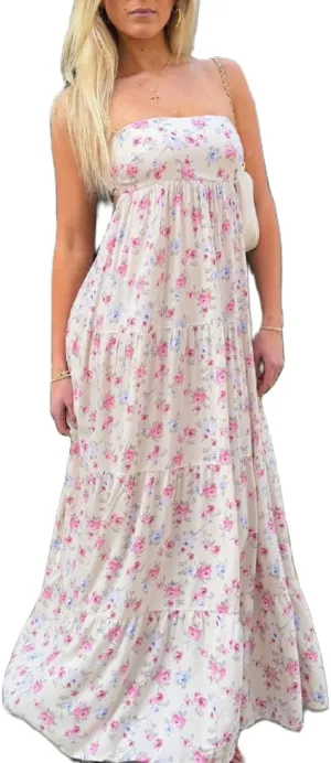 Juakoso Women Y2k Strapless Maxi Dress Floral Print Flowy A Line Long Dress Elegant Summer Vacation Party Dresses Beachwear