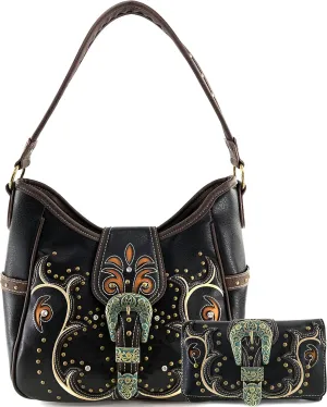 Justin West Patina Girl Western Bronze Floral Buckle Conceal Carry Handbag Purse Tote and Strap Wallet