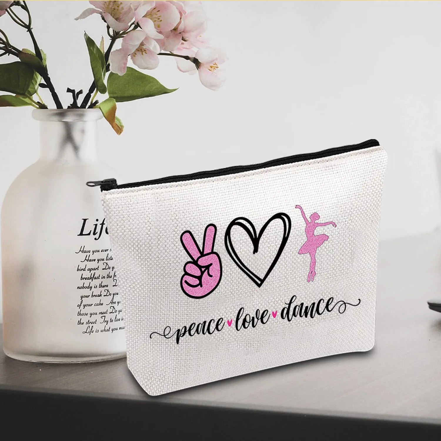 JXGZSO Ballet Dance Makeup Bag - Peace Love Dance Cosmetic Organizer - Gift for Dancer, Coach, Ballet Lover