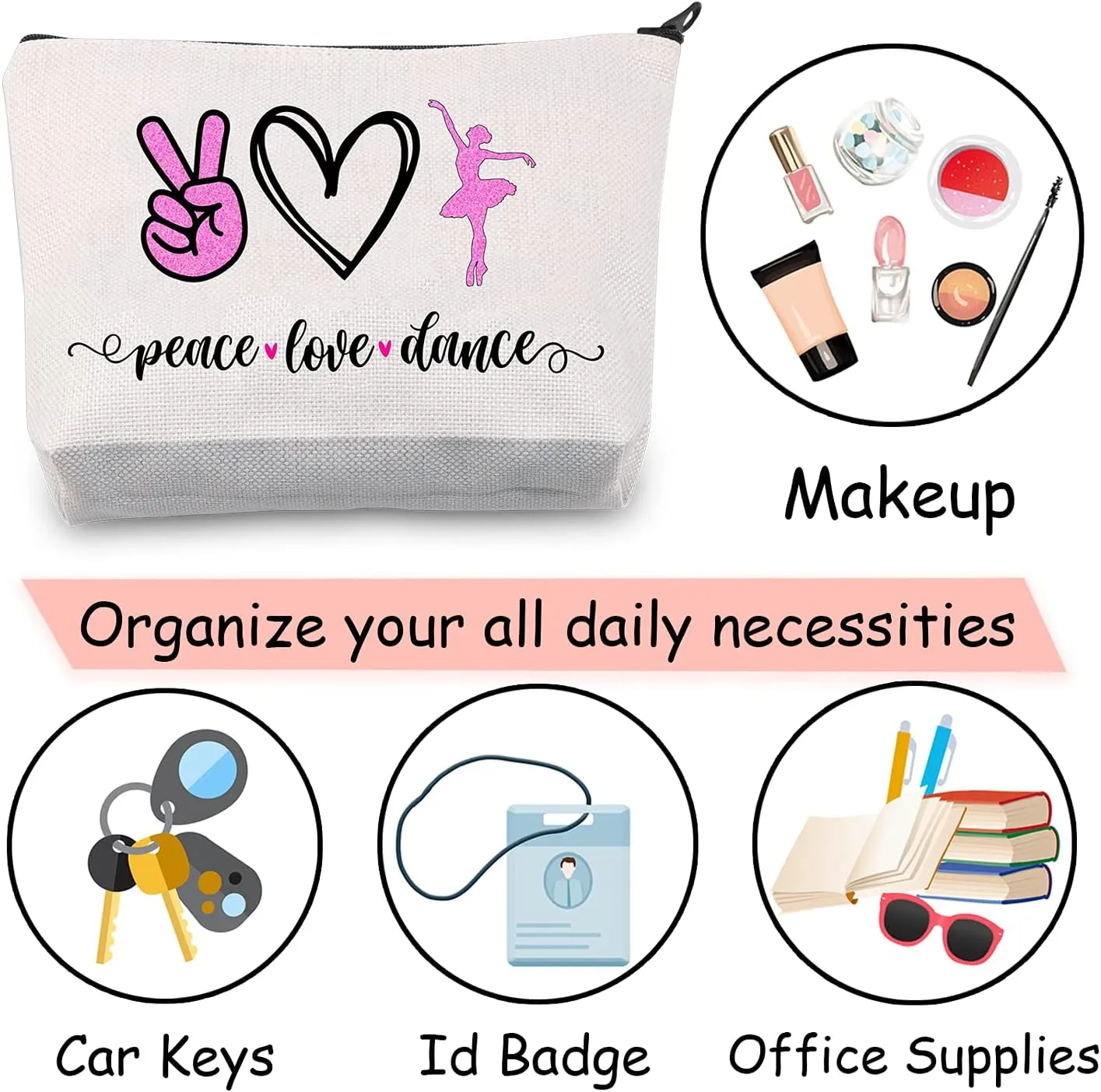 JXGZSO Ballet Dance Makeup Bag - Peace Love Dance Cosmetic Organizer - Gift for Dancer, Coach, Ballet Lover