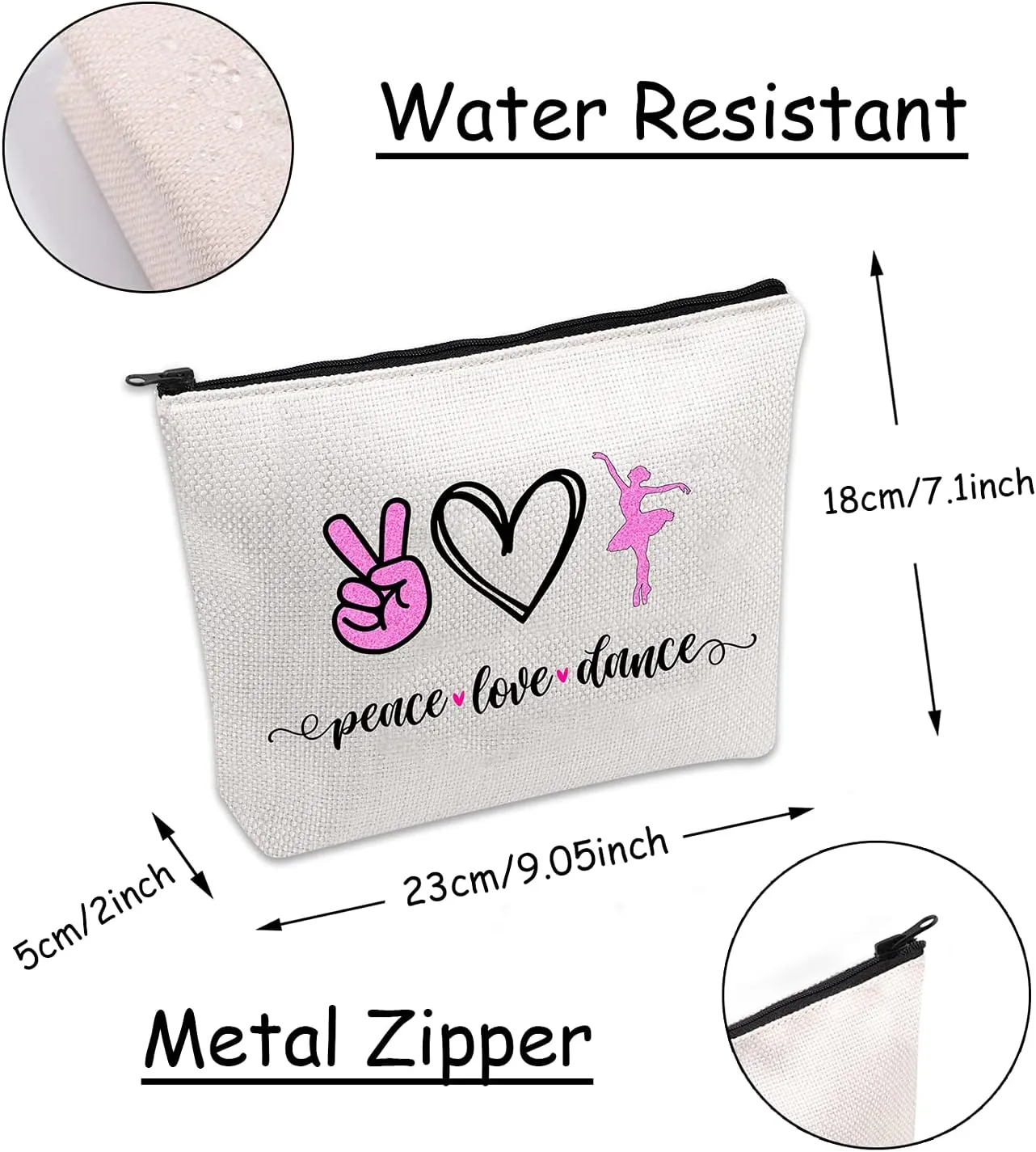 JXGZSO Ballet Dance Makeup Bag - Peace Love Dance Cosmetic Organizer - Gift for Dancer, Coach, Ballet Lover