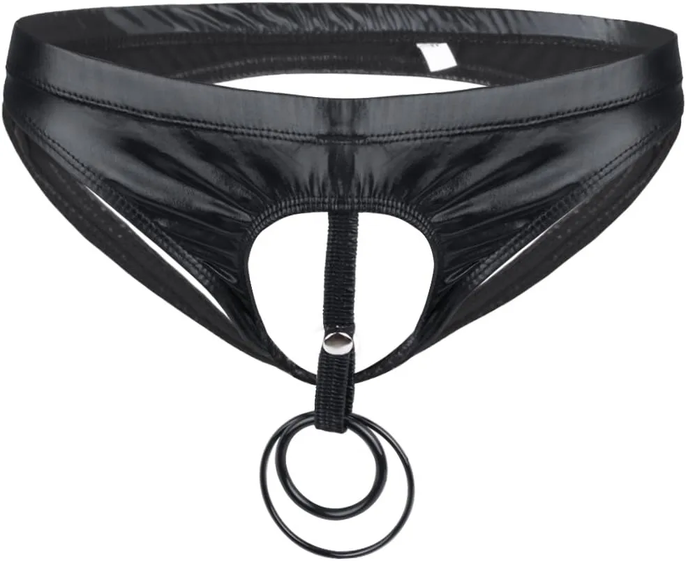 Kaerm Men Metallic Patent Leather T-Back G-String Thong Two O-Ring Holes Bikini Briefs Underwear Clubwear