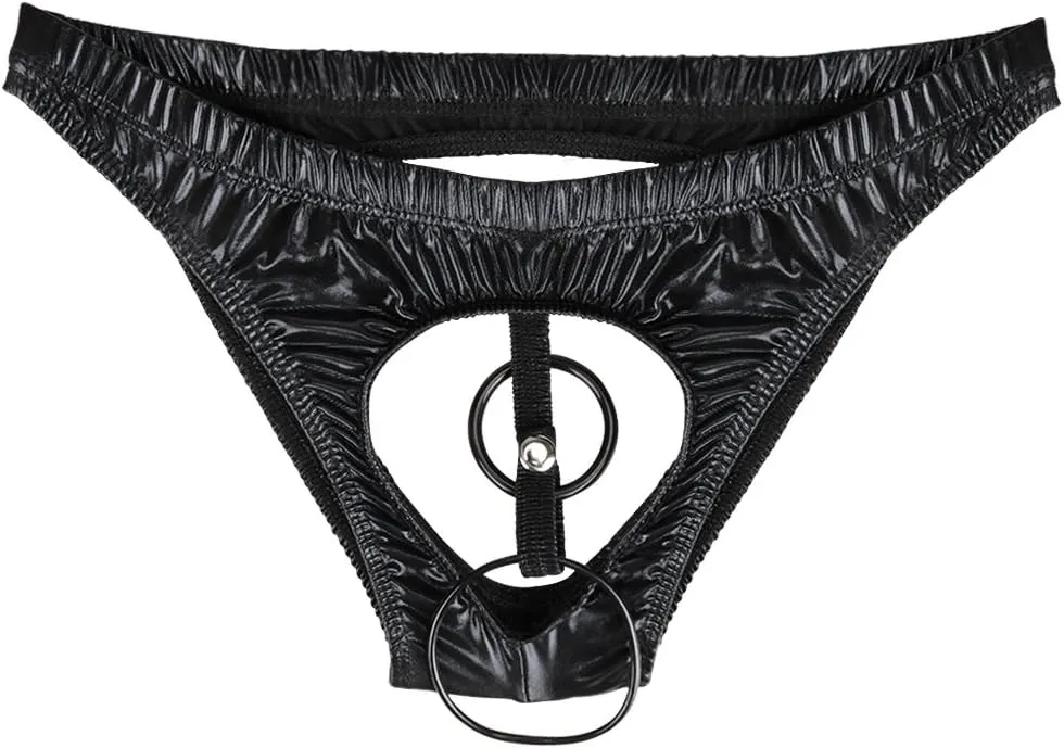 Kaerm Men Metallic Patent Leather T-Back G-String Thong Two O-Ring Holes Bikini Briefs Underwear Clubwear