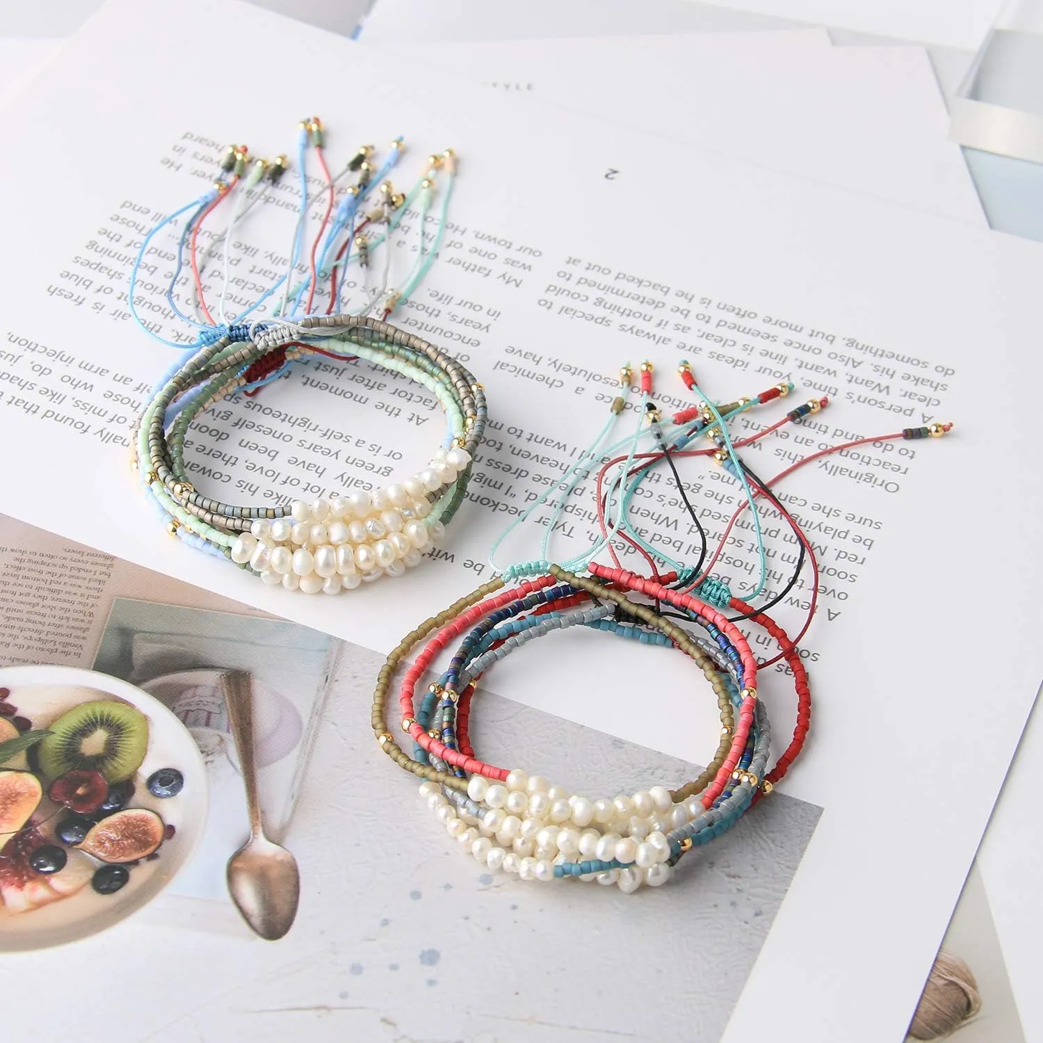 KELITCH Women Pearls Bracelets Handmade Friendship Charm Bracelet Boho Thin Strand Bracelets