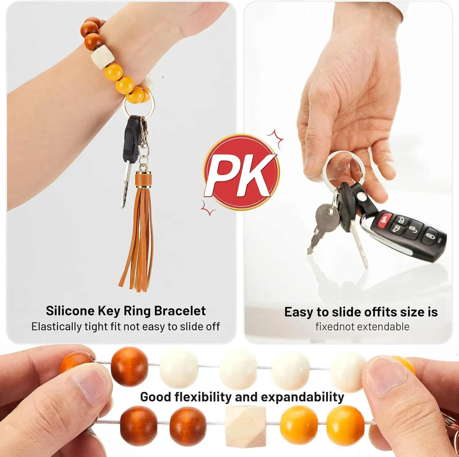 keychain wristlet Silicone Key Ring Bracelet Car Keys Holder Women Beaded Bangle Chains with Leather Tassel