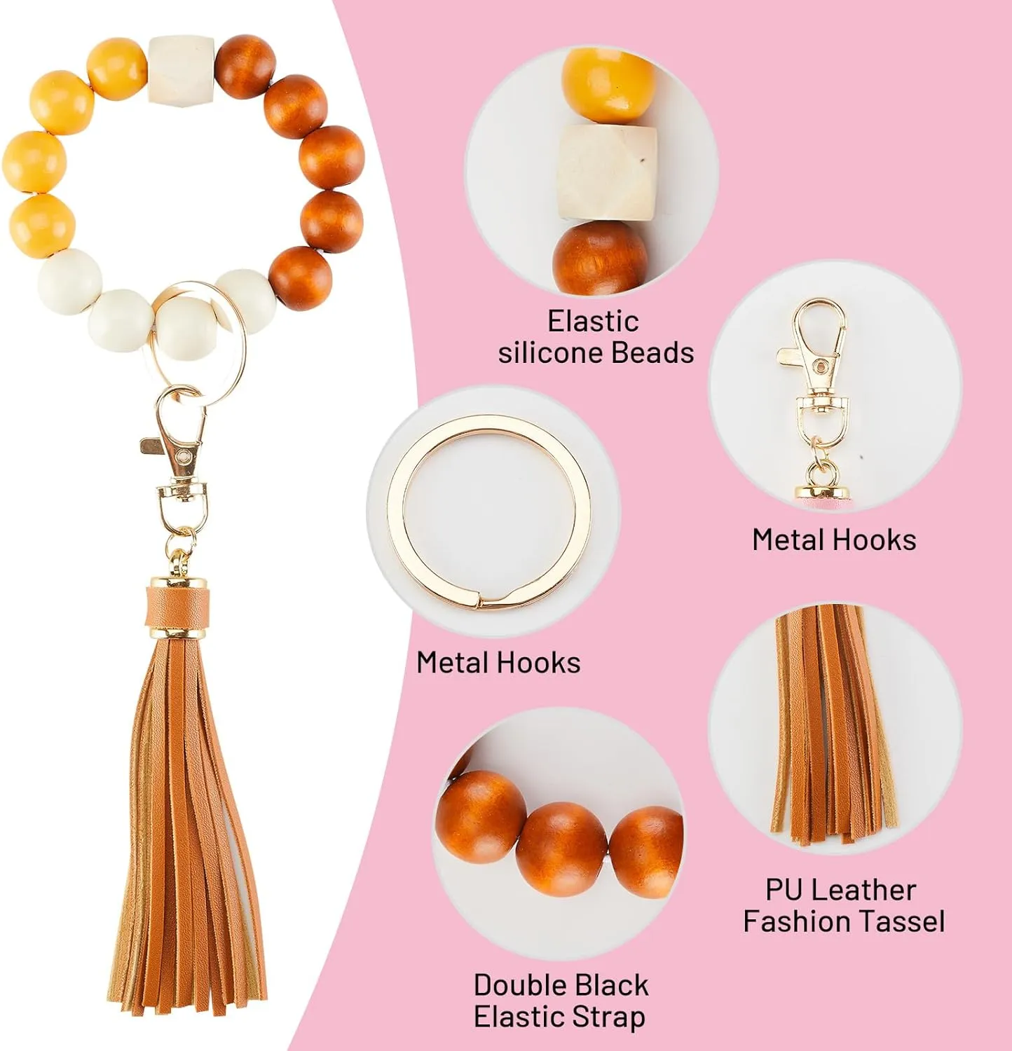 keychain wristlet Silicone Key Ring Bracelet Car Keys Holder Women Beaded Bangle Chains with Leather Tassel