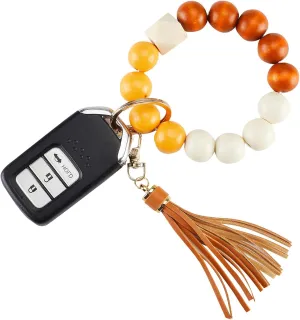 keychain wristlet Silicone Key Ring Bracelet Car Keys Holder Women Beaded Bangle Chains with Leather Tassel
