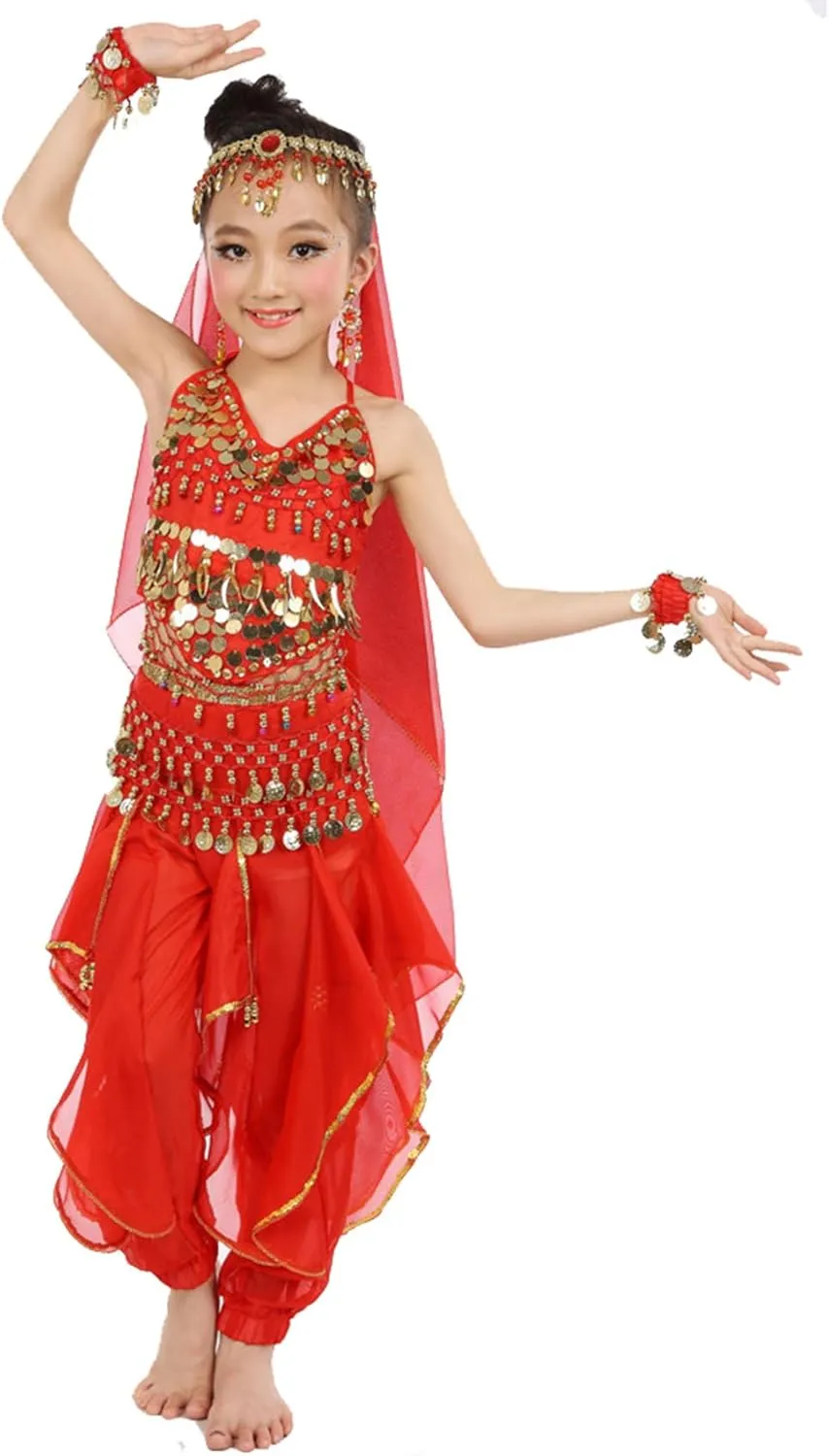 Kids Girls Belly Dance Halter Top Pants Costume Set Halloween Outfit with Head Veil Waist Chain and Bracelets