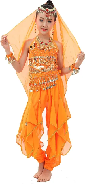 Kids Girls Belly Dance Halter Top Pants Costume Set Halloween Outfit with Head Veil Waist Chain and Bracelets