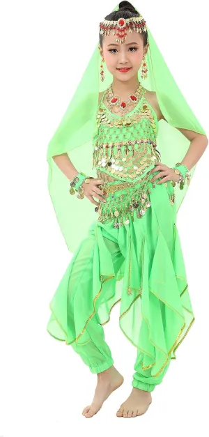 Kids Girls Belly Dance Halter Top Pants Costume Set Halloween Outfit with Head Veil Waist Chain and Bracelets
