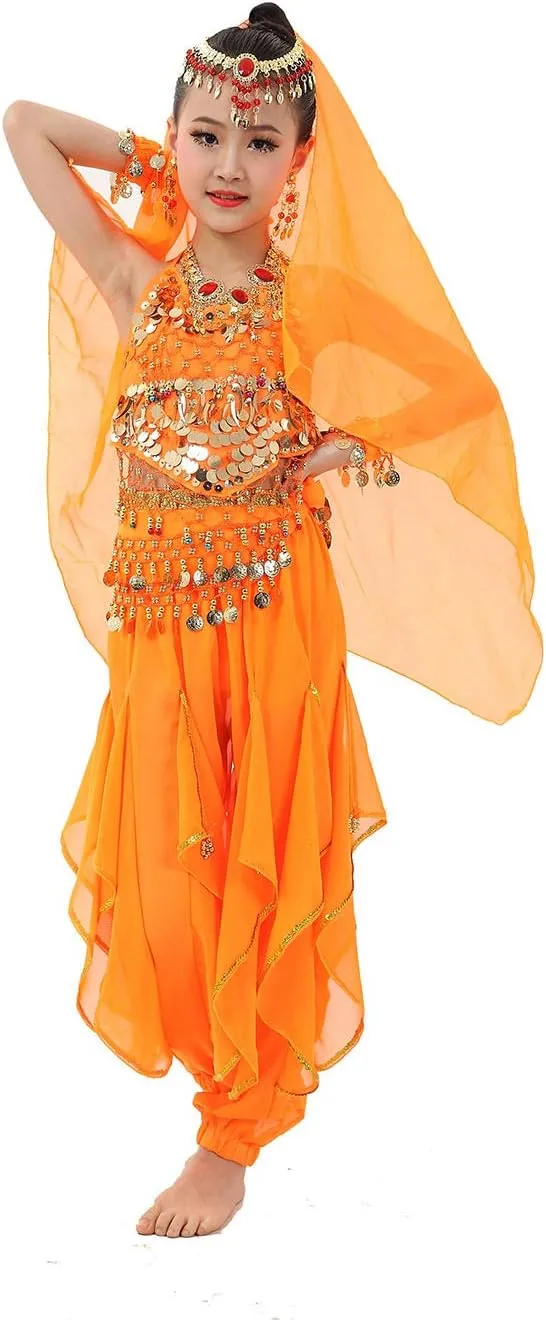 Kids Girls Belly Dance Halter Top Pants Costume Set Halloween Outfit with Head Veil Waist Chain and Bracelets