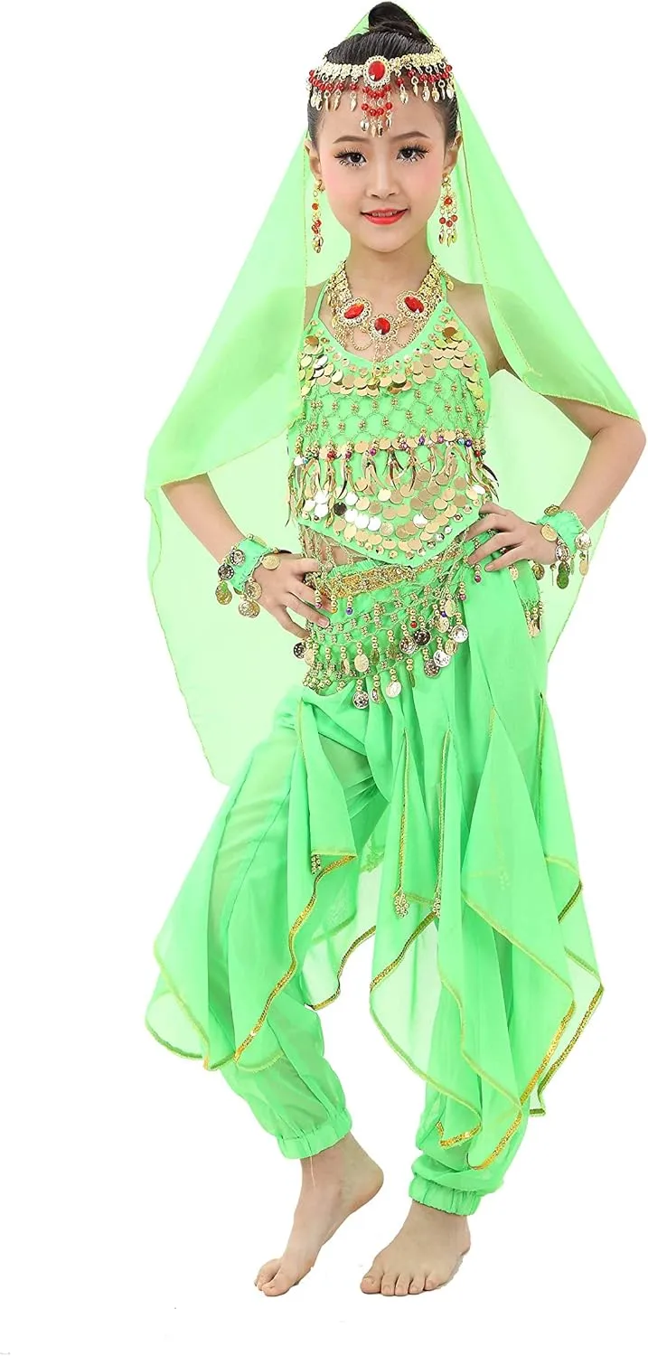 Kids Girls Belly Dance Halter Top Pants Costume Set Halloween Outfit with Head Veil Waist Chain and Bracelets