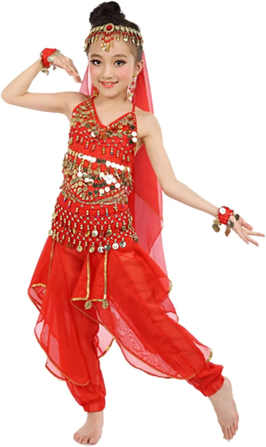 Kids Girls Belly Dance Halter Top Pants Costume Set Halloween Outfit with Head Veil Waist Chain and Bracelets