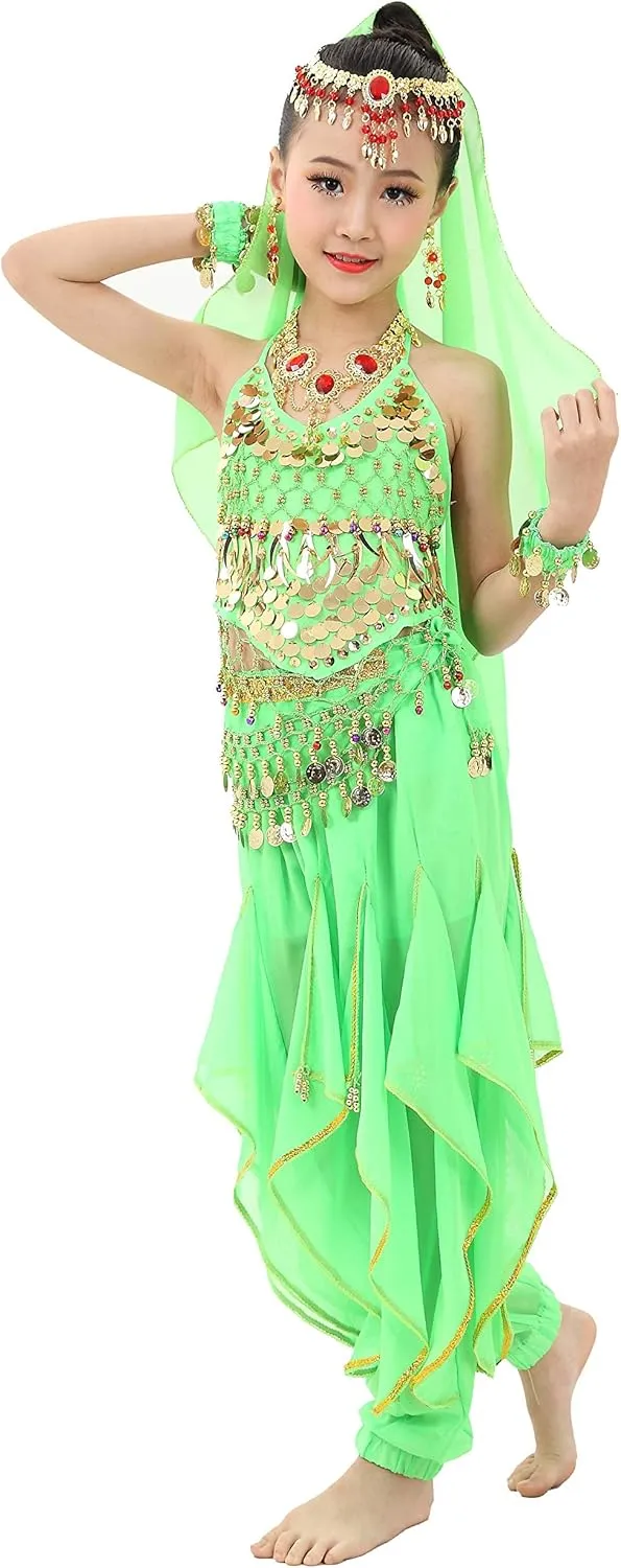 Kids Girls Belly Dance Halter Top Pants Costume Set Halloween Outfit with Head Veil Waist Chain and Bracelets
