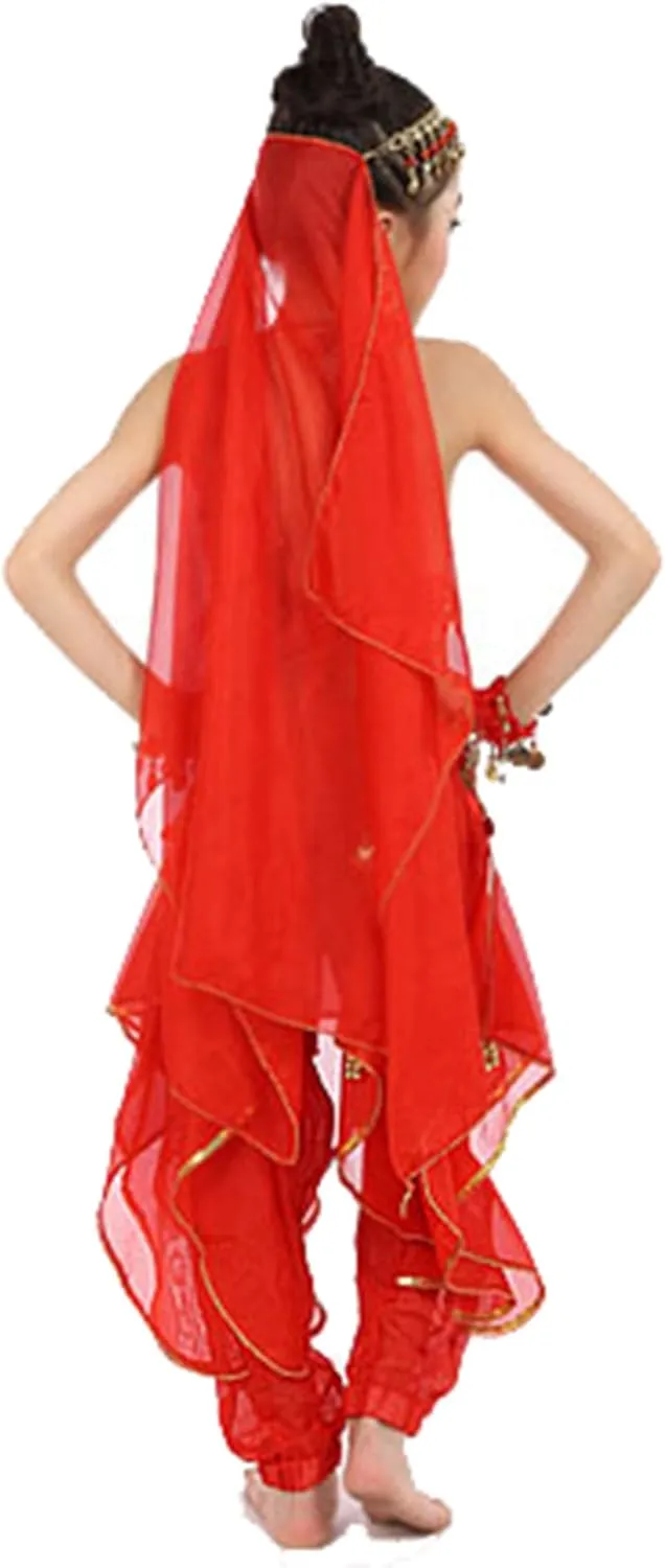 Kids Girls Belly Dance Halter Top Pants Costume Set Halloween Outfit with Head Veil Waist Chain and Bracelets