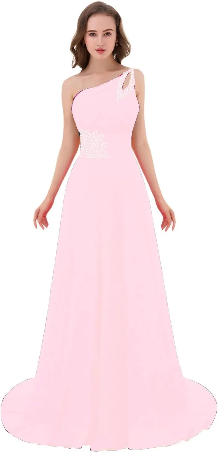 Kivary Long A Line Beaded One Shoulder Formal Corset Prom Evening Dresses