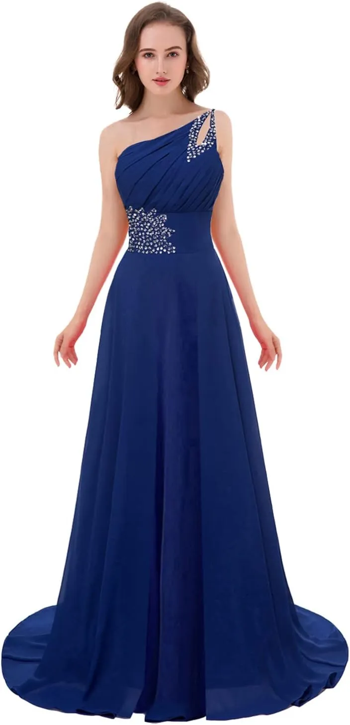 Kivary Long A Line Beaded One Shoulder Formal Corset Prom Evening Dresses