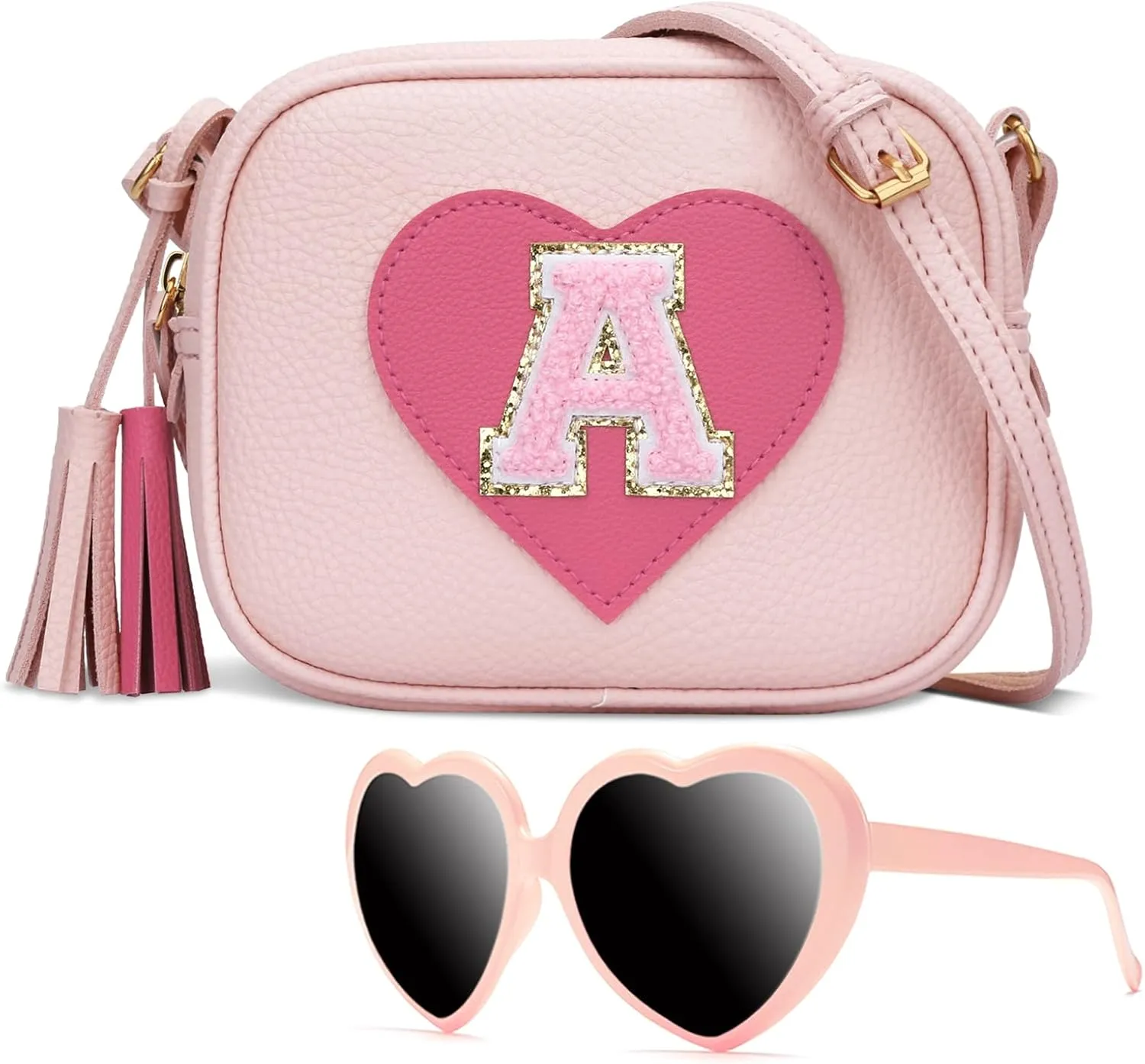 KKXIU Kids Purse Toddler Gifts for Girls and Women Vegan Leather Tassel Crossbody Bag with Sunglasses