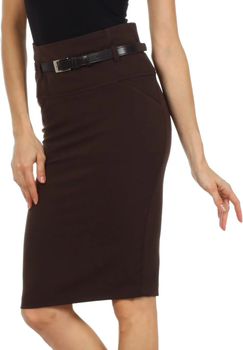 Knee Length High Waist Stretch Pencil Skirt with Skinny Belt