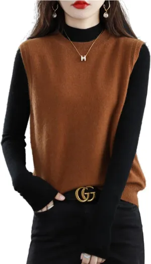Knitted O-Neck Vest Women's Sweater 100% Merino Wool Sleeveless Pullover Basic Vest Short Tops