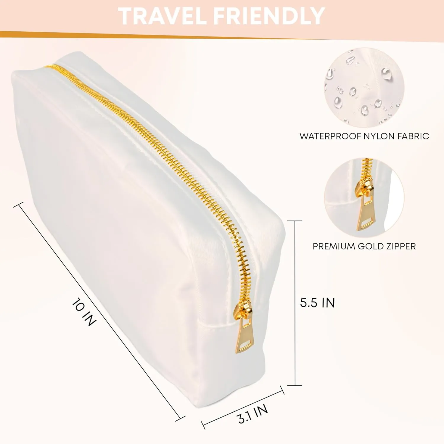 La Sorella Nylon Chenille Makeup Bag, Customizable Pouch Bag, Water-resistent travel bag (White)