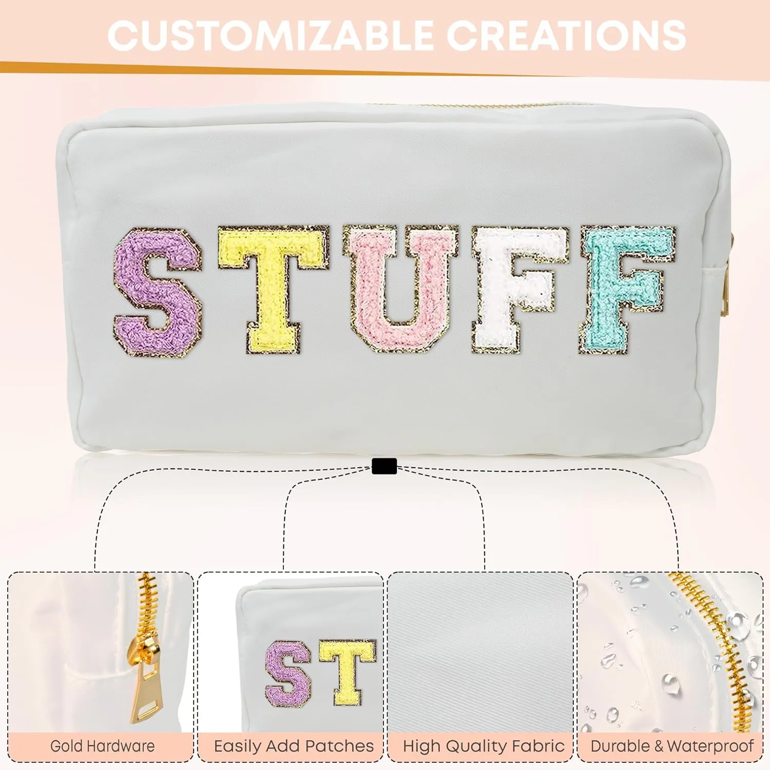La Sorella Nylon Chenille Makeup Bag, Customizable Pouch Bag, Water-resistent travel bag (White)