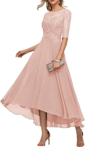 Lace Mother of The Bride Dresses Tea Length Half Sleeve Appliques A Line Chiffon Formal Evening Gown