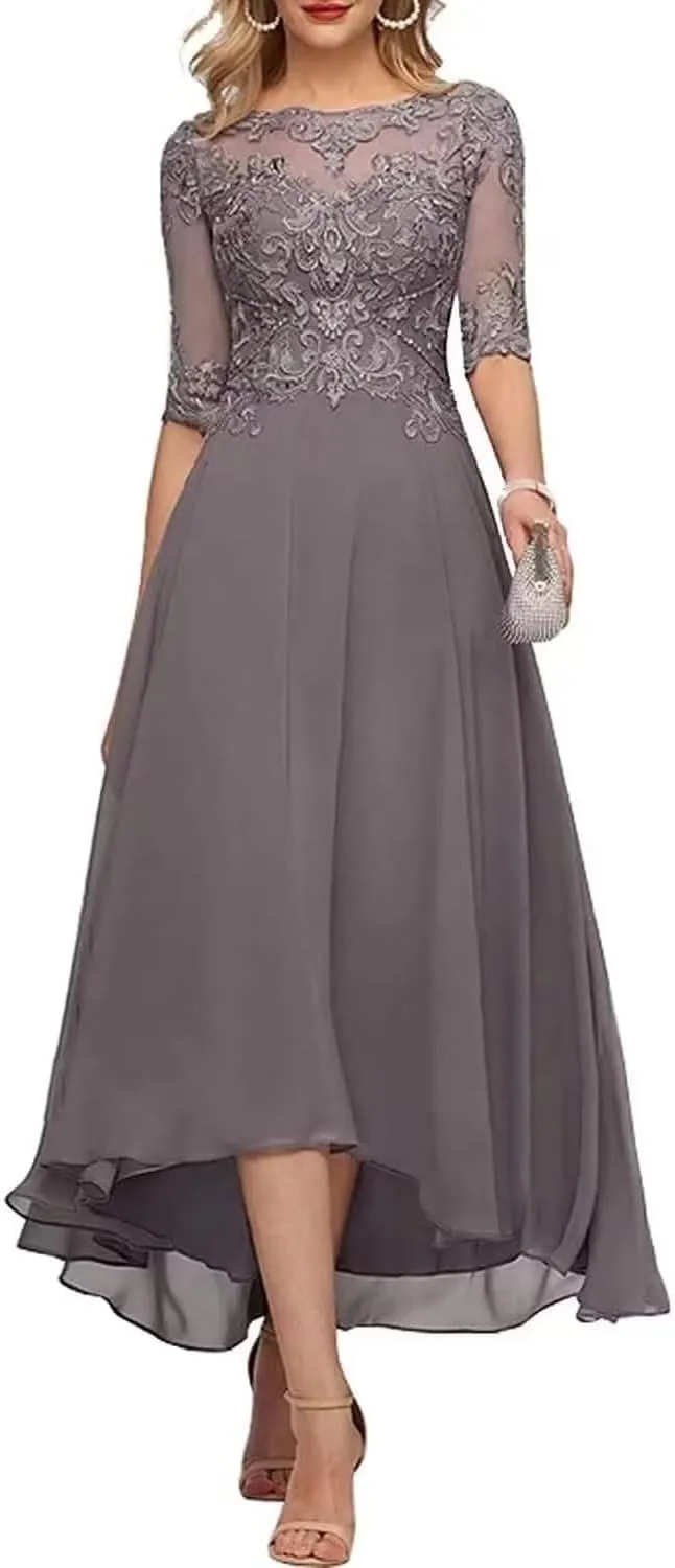 Lace Mother of The Bride Dresses Tea Length Half Sleeve Appliques A Line Chiffon Formal Evening Gown