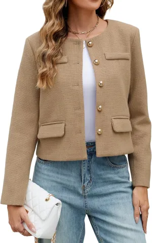 Ladyful Womens Cropped Tweed Blazer Jacket Collarless Long Sleeve Office Work Coat Fall Business Outerwear