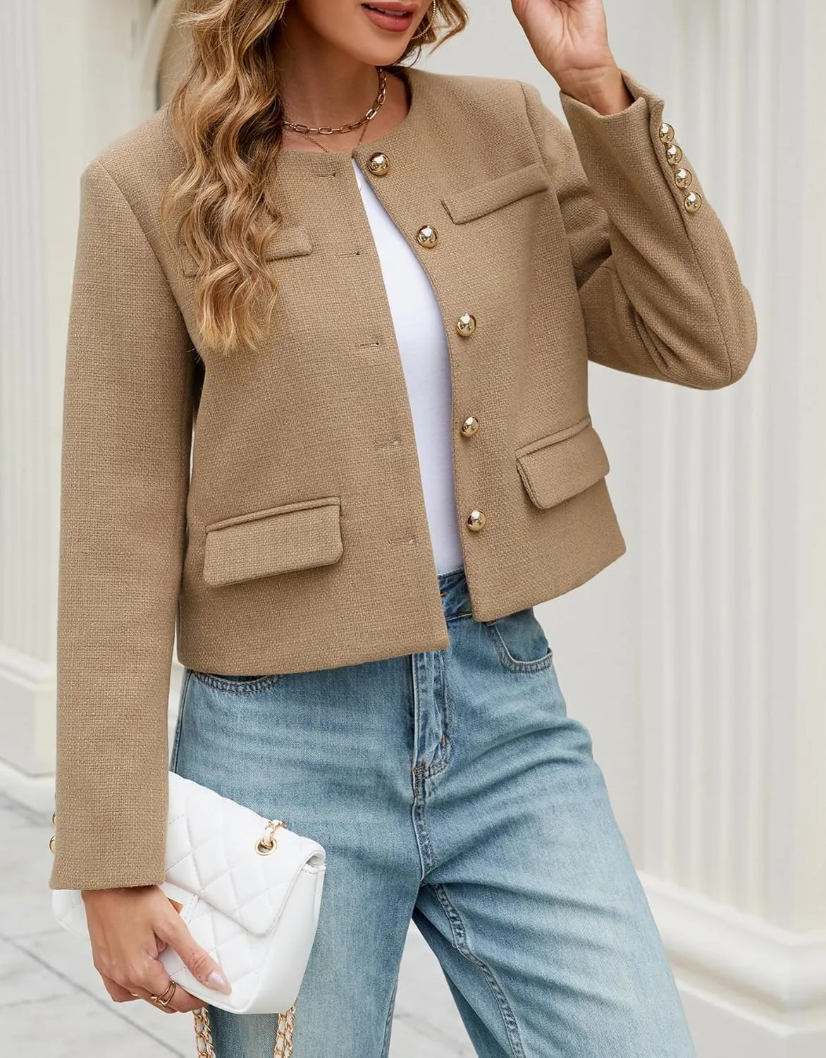 Ladyful Womens Cropped Tweed Blazer Jacket Collarless Long Sleeve Office Work Coat Fall Business Outerwear
