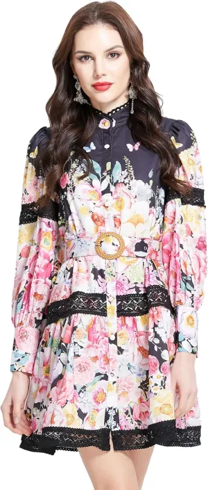 LAI MENG FIVE CATS Women's Hollow Out Floral Print Lantern Sleeve Button Casual Mini Dress
