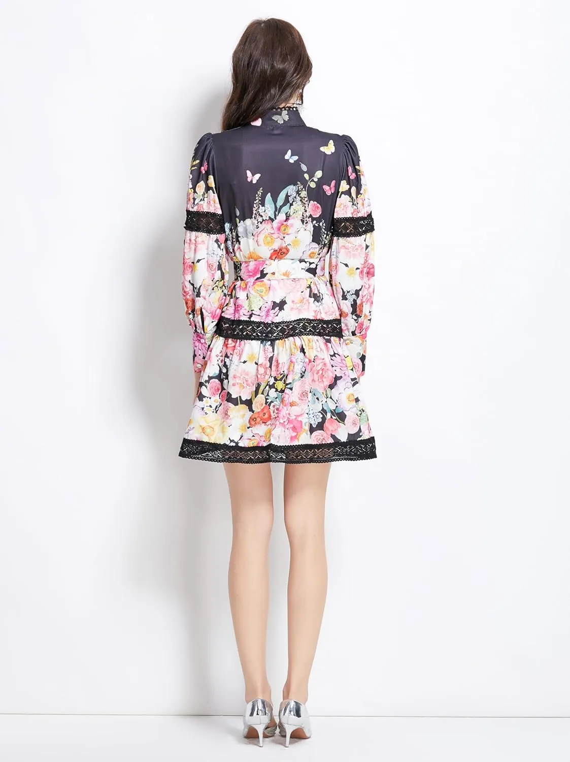 LAI MENG FIVE CATS Women's Hollow Out Floral Print Lantern Sleeve Button Casual Mini Dress