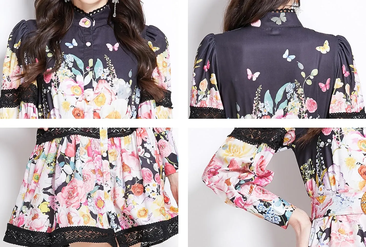 LAI MENG FIVE CATS Women's Hollow Out Floral Print Lantern Sleeve Button Casual Mini Dress