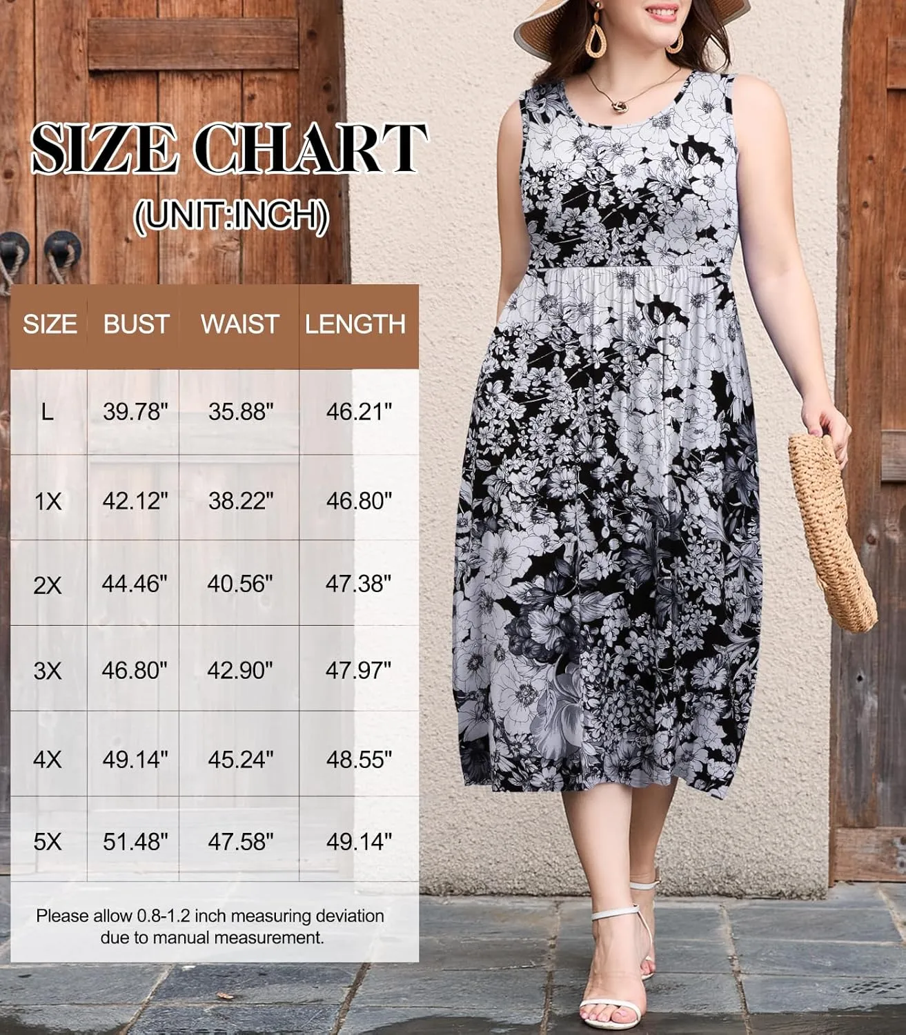 LARACE Women's Plus Size Sleeveless Maxi Dress Casual Crew Neck Pleated Flowy Long Dresses with Pockets L-5XL
