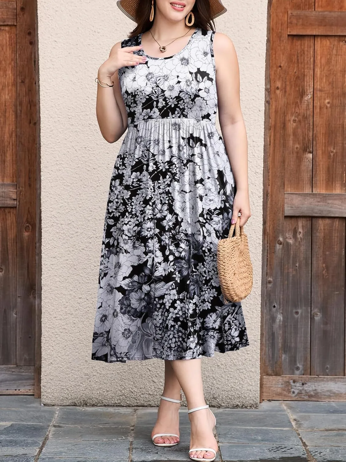LARACE Women's Plus Size Sleeveless Maxi Dress Casual Crew Neck Pleated Flowy Long Dresses with Pockets L-5XL