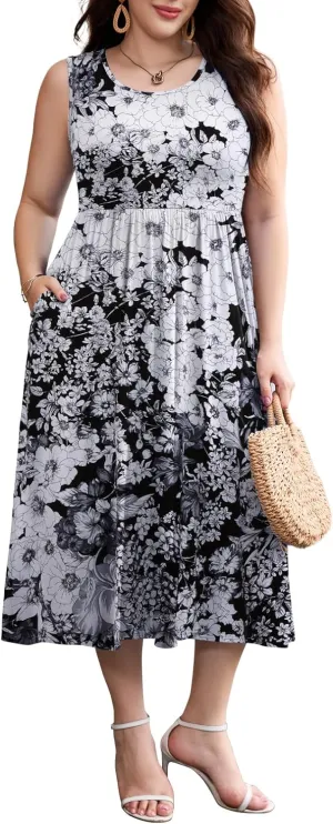 LARACE Women's Plus Size Sleeveless Maxi Dress Casual Crew Neck Pleated Flowy Long Dresses with Pockets L-5XL
