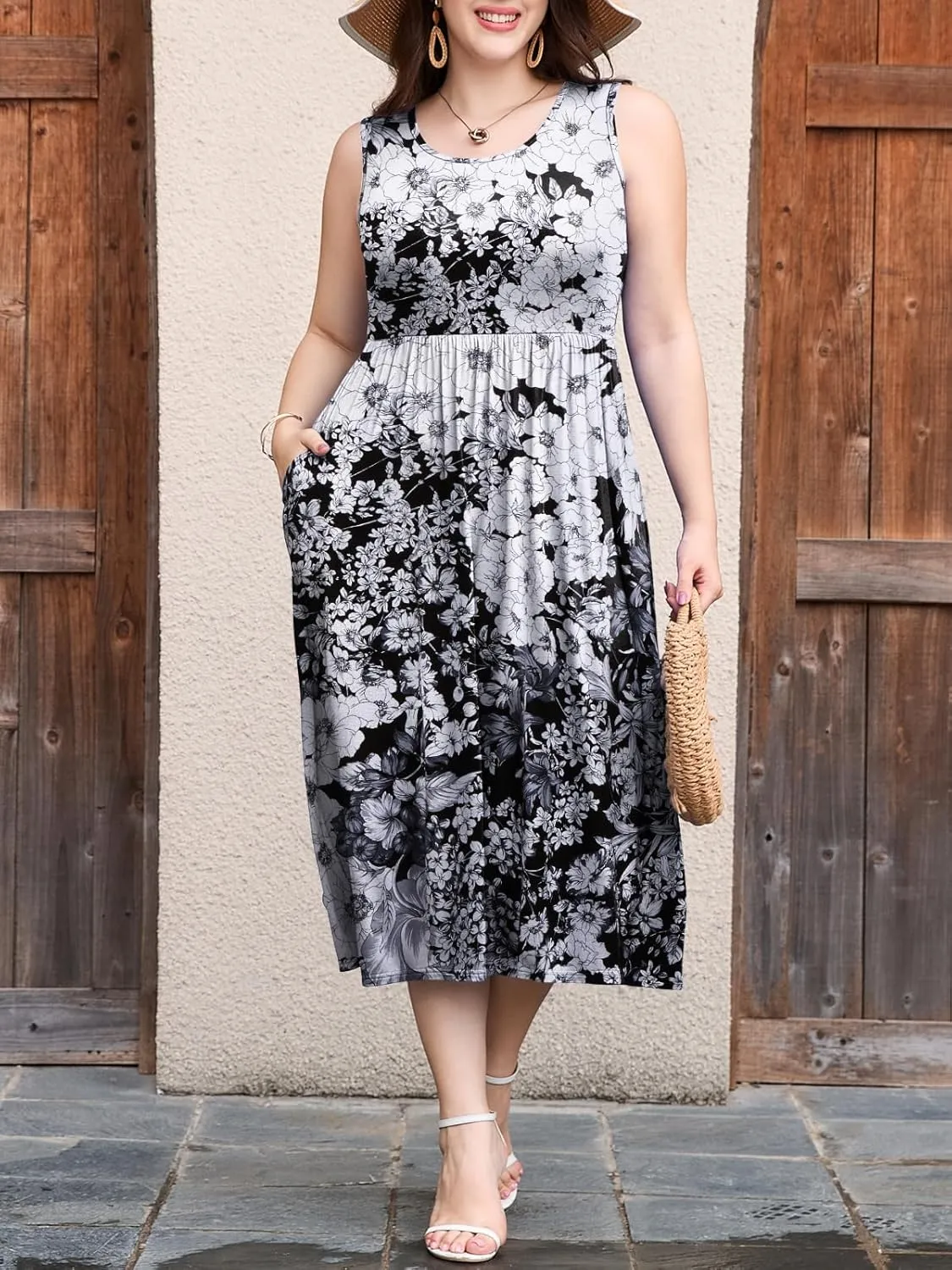 LARACE Women's Plus Size Sleeveless Maxi Dress Casual Crew Neck Pleated Flowy Long Dresses with Pockets L-5XL