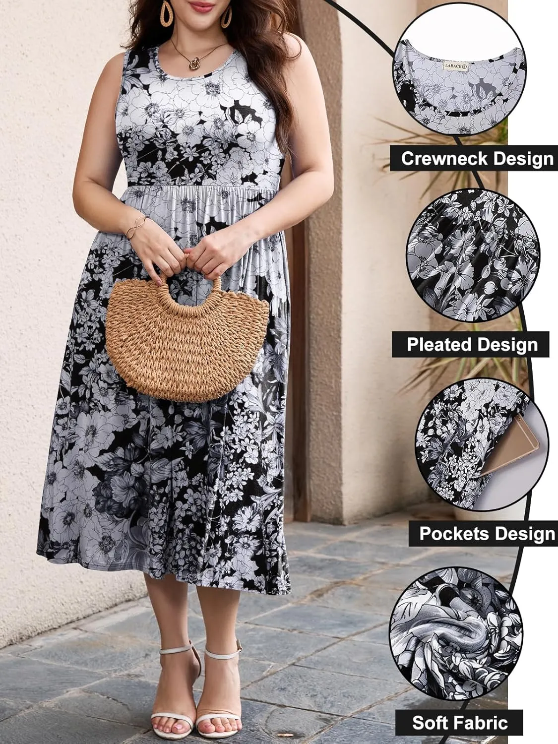 LARACE Women's Plus Size Sleeveless Maxi Dress Casual Crew Neck Pleated Flowy Long Dresses with Pockets L-5XL