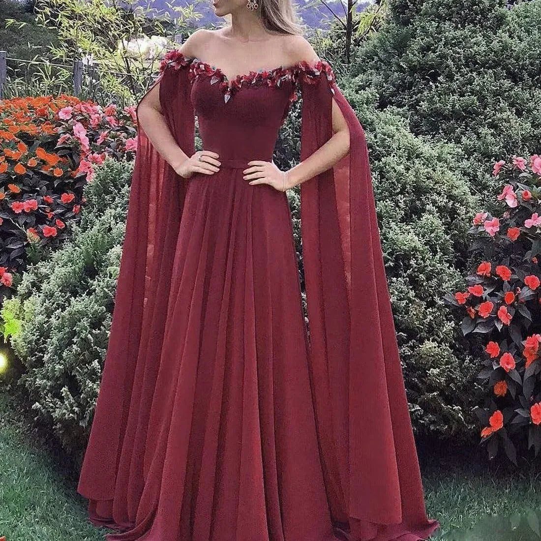 Lemai Floral Off The Shoulder Goddess Long Sleeves Cape Prom Evening Dresses