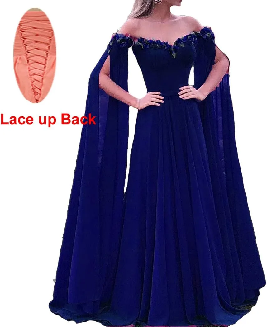 Lemai Floral Off The Shoulder Goddess Long Sleeves Cape Prom Evening Dresses
