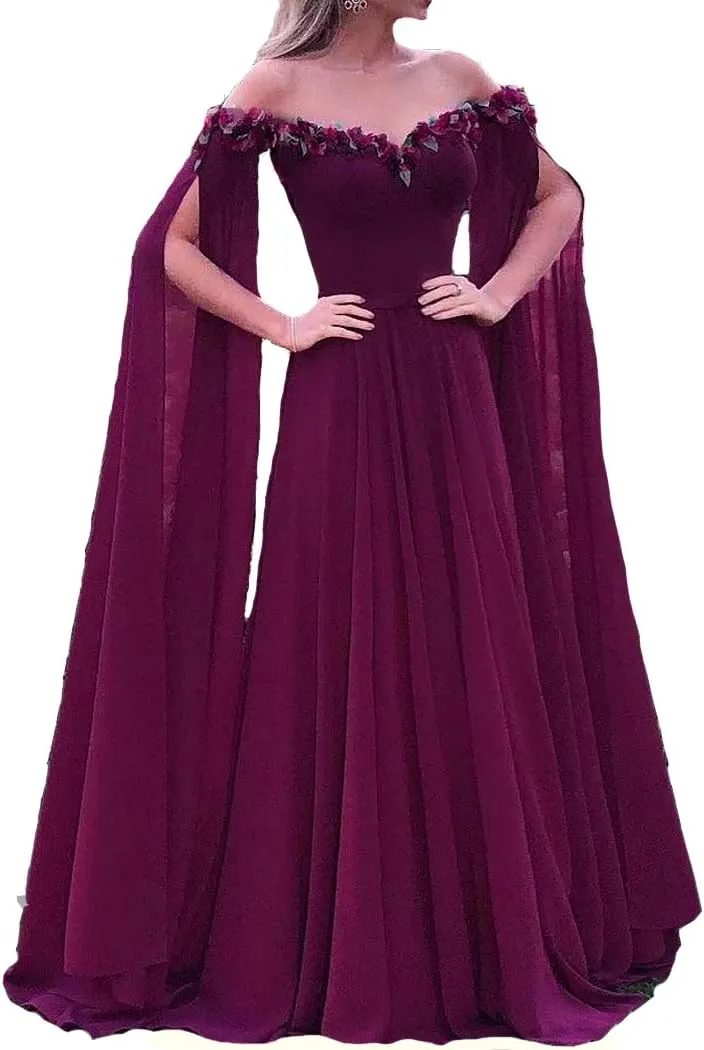 Lemai Floral Off The Shoulder Goddess Long Sleeves Cape Prom Evening Dresses