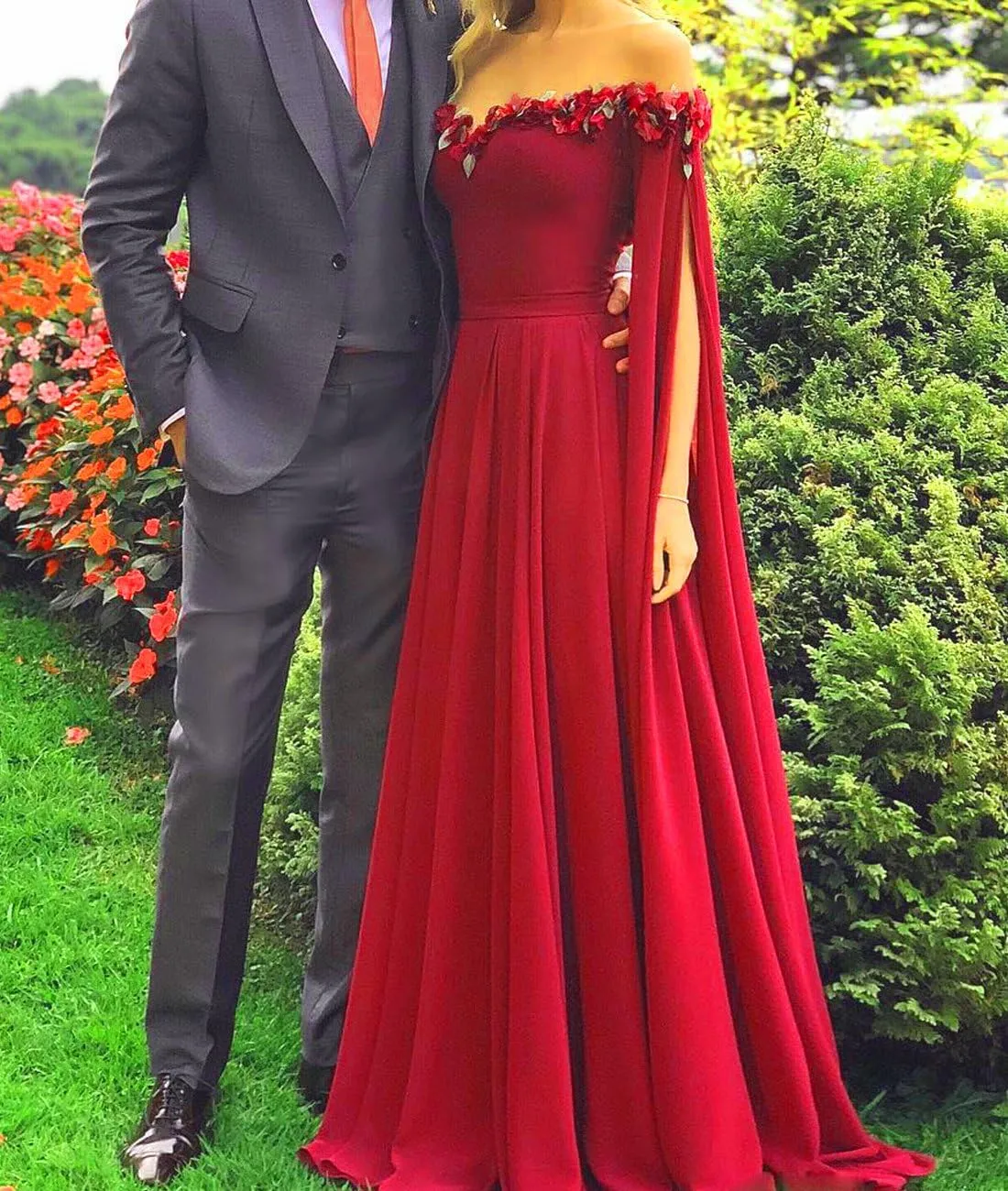 Lemai Floral Off The Shoulder Goddess Long Sleeves Cape Prom Evening Dresses