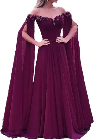 Lemai Floral Off The Shoulder Goddess Long Sleeves Cape Prom Evening Dresses